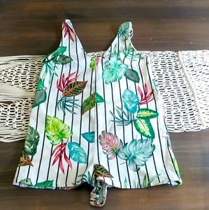 Zara tropical striped white denim romper